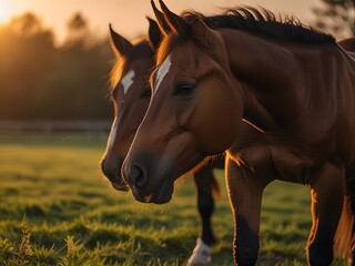 Horse in the field with sunset
