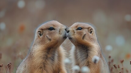 Two prairie dogs share a tender nuzzle, embodying the simplicity and affection of nature&rsquo;s moments.