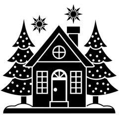 line-art Christmas home with white background