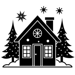 line-art Christmas home with white background