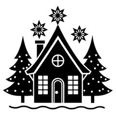 line-art Christmas home with white background