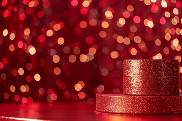 Red Glitter Podium on Festive Background. Perfect for showcasing products, brands or promotional material.