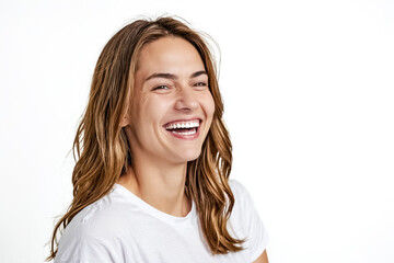 Happy woman with white teeth laughing in a white shirt