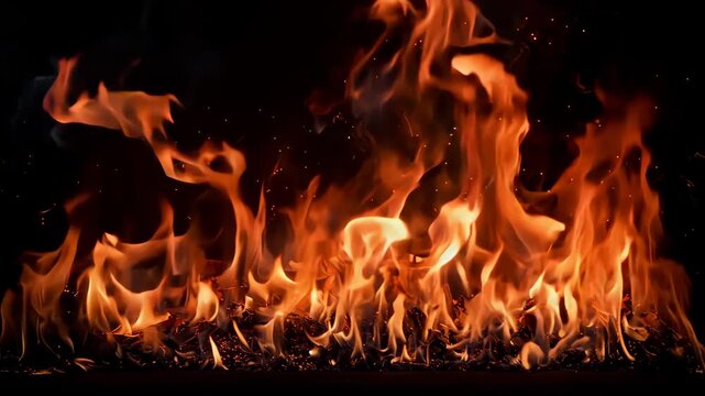 Burning flames with dark background, intense heat and fire concept