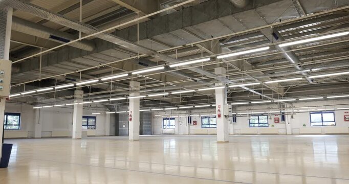 Dolly shot of an old, closed down large factory floor or hall. Large empty industrial space, ceiling mounted lighting, real time, no people