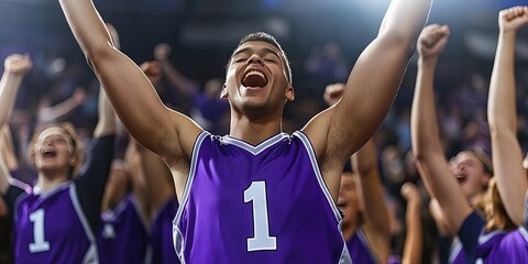 fan cheering in basketball stadium, blank purple basketball jersey, silver trim, white number "1" 