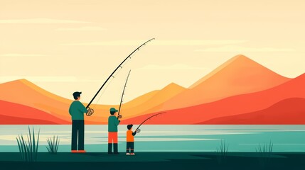 Family fishing trip, kids catching fish, flat design illustration
