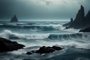 Fototapeta premium background of a pirate ship, sailing on the high seas, and being battered by sea storms, Generative AI