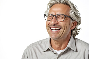 Fototapeta premium Happy Man with Grey Hair and Glasses Smiles Brightly