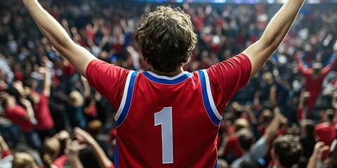 fan cheering in basketball stadium, blank red basketball jersey, blue white trim, white number "1" 