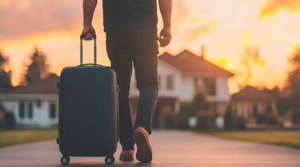 Rearview of a man carrying modern black suitcase luggage and walking towards the house or home. Father or husband returning home for a family reunion after a long business trip or