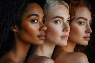 Obraz premium Photo featuring three women with diverse skin tones, freckles, and hair textures, styled for an advertising campaign with a minimalist background and neutral color palette