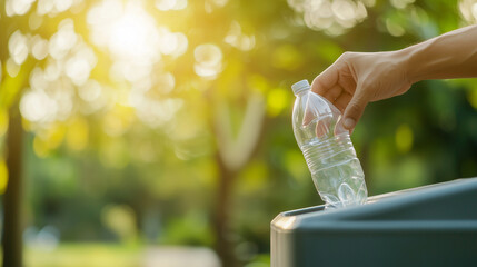 Closeup of a hand placing a plastic bottle into an outdoor recycling bin, showcasing the act of recycling to support environmental sustainability. Photo