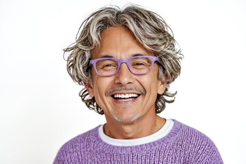 Obraz premium Portrait of a happy man with a purple sweater and glasses