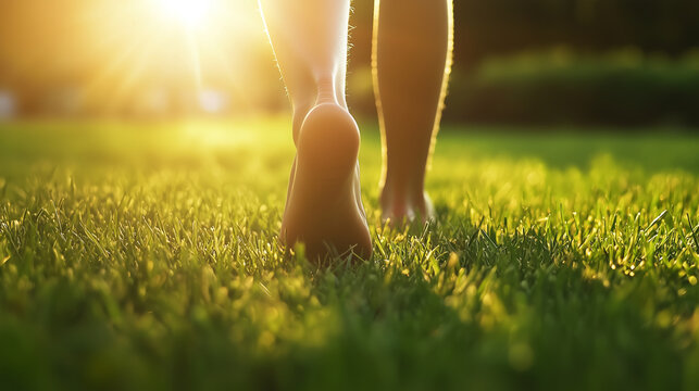 feet stepping on lush grass with a sunlit backdrop, highlighting a serene moment that captures the essence of nature's beauty and simplicity. Photo