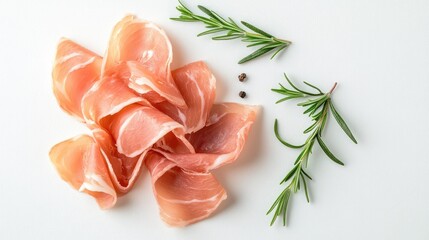 Close-up of sliced Parma ham with rosemary on a white background. High resolution, high angle, ample copy space