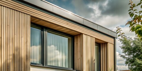 Fototapeta premium Modern wooden facade with large windows and trees