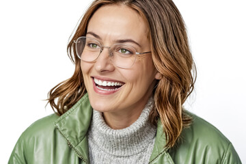 Obraz premium Happy young woman with green eyes and glasses smiling