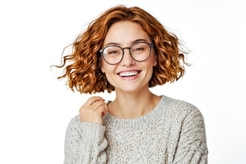Obraz premium Portrait of a happy young woman with curly hair wearing glasses