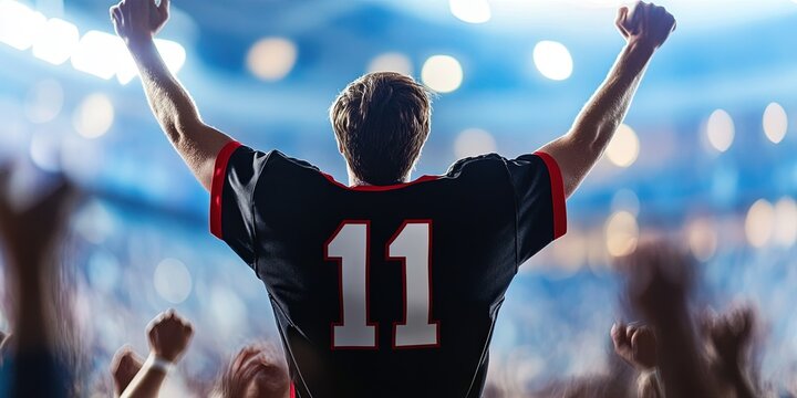 fan cheering in stadium, blank black football jersey, red trim, white number "11" - Powered by Adobe