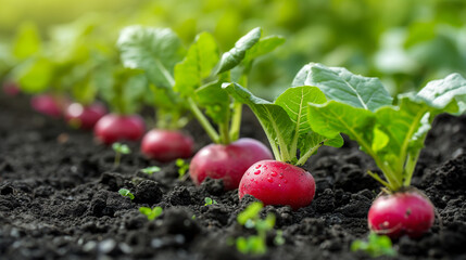 Banner with Freshly grown radishes in fertile soil of a vibrant garden