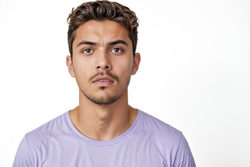 Young man looking pensive, isolated on white background