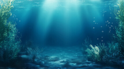 Fototapeta premium Underwater scene with sunlight filtering through clear water and vibrant aquatic plants in a serene marine environment