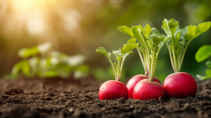 Banner with Freshly grown radishes in fertile soil of a vibrant garden
