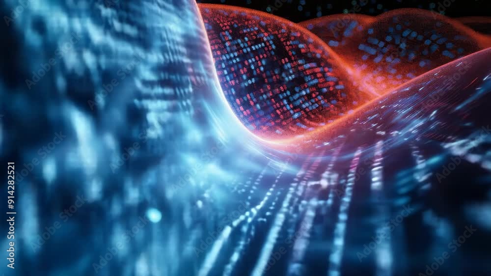 Poster dynamic flow of binary data stream in futuristic digital landscape at night - abstract technology co