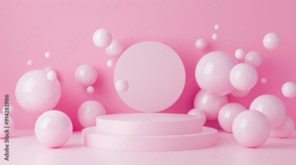 Poster A pink podium surrounded by spheres of various sizes, creating an atmosphere of softness and lightness. The composition is balanced with the round shapes forming a natural pattern around it