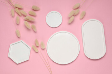 Set of Decorative white plaster trays of different shapes on a pink background with dried flowers.  Stands for candles organizers for cosmetics or jewelry. Top view