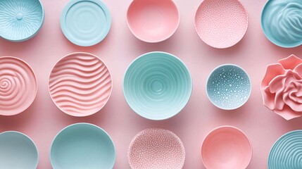 A high-detail flat lay of minimal geometric patterns in soft pastel colors showcasing abstract design elements in a harmonious composition Stock Photo with copy space