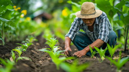 Asian farmer planting young seedlings in a lush green field