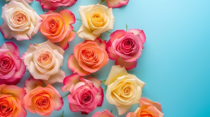 Naklejka premium colorful roses on colorful background. copy space