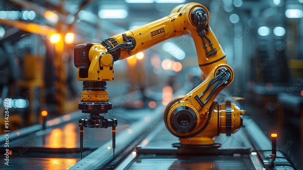 Poster efficient and high tech factory assembly line with robotic arms performing automated tasks