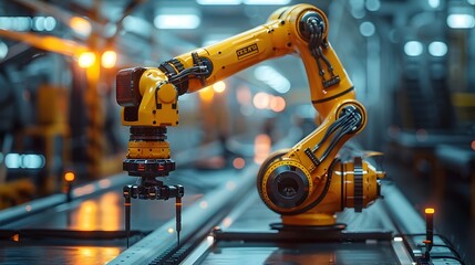Efficient and High Tech Factory Assembly Line with Robotic Arms Performing Automated Tasks