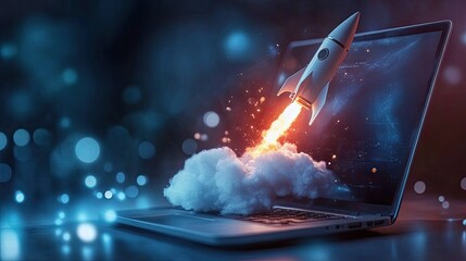 Rocket launching from a laptop screen, symbolizing innovation and creativity, set against a dynamic background.