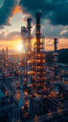 Obraz premium Dramatic Industrial Sunset at Large Oil Refinery with Complex Structures and Cityscape