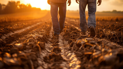Banner with Farmers walking on a muddy field during sunset