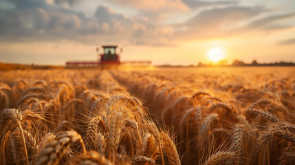 Harvesting wheat at sunset with a red combine harvester