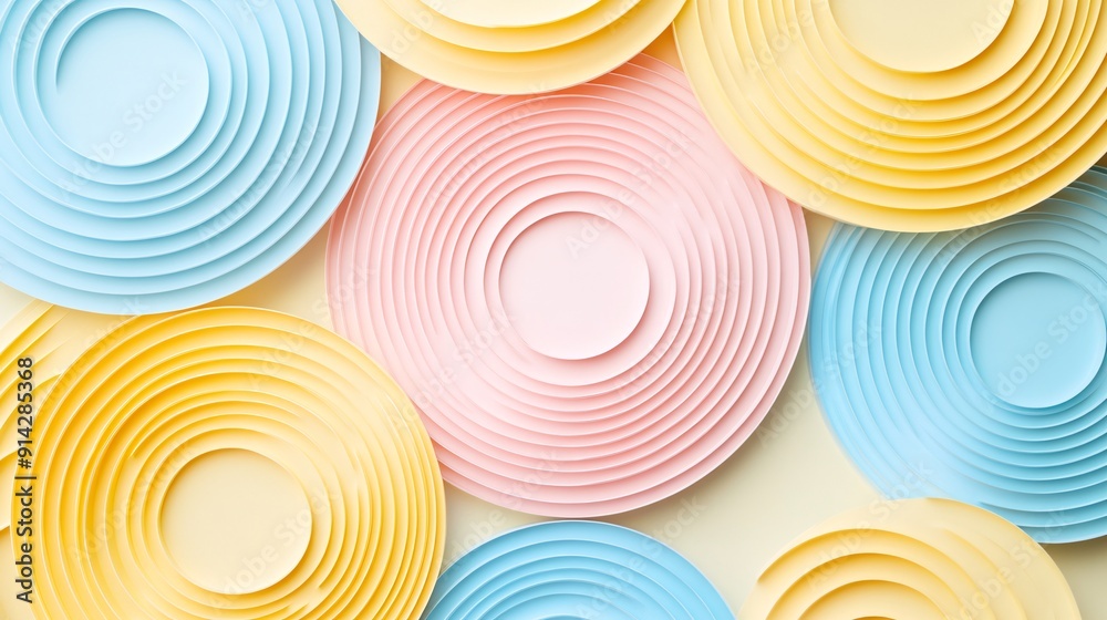Poster flat lay composition of detailed geometric patterns in soft pastel colors arranged to form an abstra