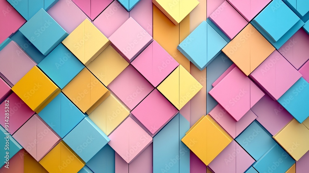 Poster flat lay composition of detailed geometric patterns in soft pastel colors arranged to form an abstra