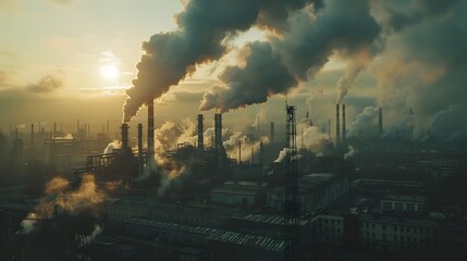 Gritty Industrial Skyline with Towering Smokestacks and Hazy Atmosphere