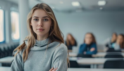Fototapeta premium Portrait of a beautiful young female smile In a bright white classroom Generative AI