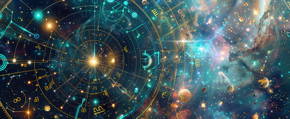 Abstract bright fantasy space with Zodiac signs, galaxy and stars, Astrological wheel against dreamlike sky. Concept of astrology, art, design, horoscope, fairy,
