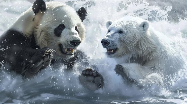 A panda and a polar bear fighting in water, symbolizing the comparison between Pandas and Polaris data analysis packages in Python.