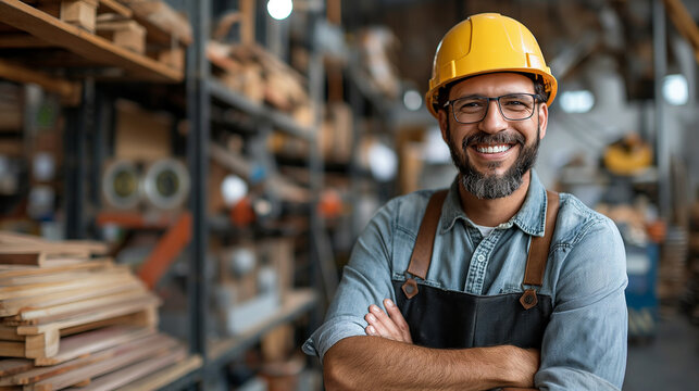 Smiling carpenter in yellow hard hat and glasses standing in workshop with crossed armsBanner with Smiling carpenter in yellow hard hat and glasses standing in workshop with crossed arms. Copy space