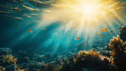 Fototapeta premium Underwater scene with sun rays illuminating colorful fish and coral in a vibrant reef ecosystem