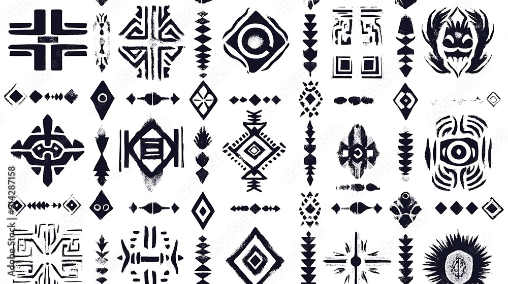 Wall mural Black line traditional symbols on white background for carpets