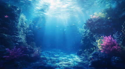 Obraz premium Vibrant coral reef thriving under sunlight in a clear ocean water setting